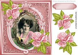 vintage lady in shawl with pink roses in ornate frame 8x8
