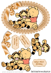 Little bear hugging a tiger with bow in oval gingham frame