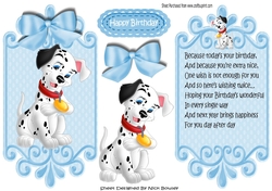 lovely black and white spotty dalmation with blue bow card front and insert