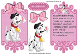 lovely black and white spotty dalmation with pink bow card front and insert