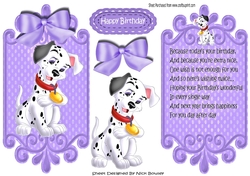 lovely black and white spotty dalmation with purple bow card front and insert