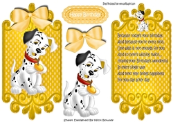 lovely black and white spotty dalmation with gold bow card front and insert