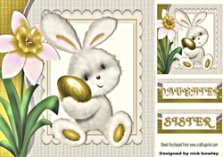 Cute easter bunny with egg and gold flower 8x8