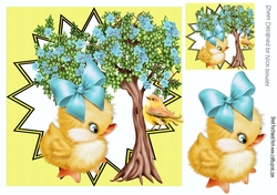 little yellow chick with blue bow flower tree and little bird 8x8