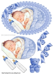 sweet baby in blue with cuddly toy A5