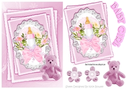 pink for baby girl with bottle.teddy & bow on lace stackers A5
