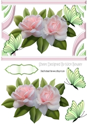 pink blush roses in art deco frame with butterflies A5