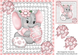 Cute little ele with easter eggs and pink bows on lace 8x8