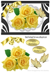 pretty yellow roses on lace in black art deco frame with bow A5