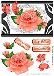 Pretty peach roses on lace in black ornate frame A5