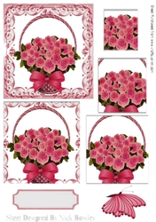 Pretty pink roses roses in a basket, with butterfly pyramids