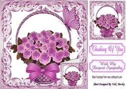 Pretty lilac roses in a basket, with small card and bow with sympathy 8x8
