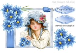 pretty vintage lady in bonnet with blue flowers