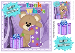 Look whos ONE, Lovely Birthday bear with present 8x8