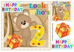 Look whos TWO, Lovely Birthday bear with present 8x8