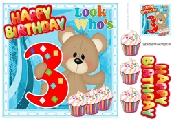 Look whos THREE, Lovely Birthday bear with present 8x8