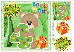 Look whos FOUR, Lovely Birthday bear with present 8x8