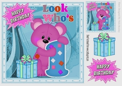 Look whos ONE, Lovely Birthday pink bear with present 8x8