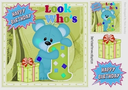 Look whos ONE, Lovely Birthday blue bear with present 8x8