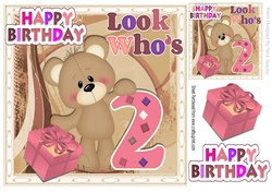 look whos TWO, Lovely Birthday bear with pink present 8x8