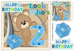 look whos TWO, Lovely Birthday bear with blue present 8x8