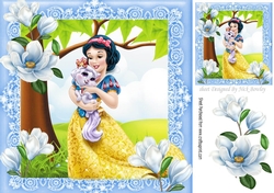 Pretty Princess cuddling her kitten, with blue magnolias 8x8