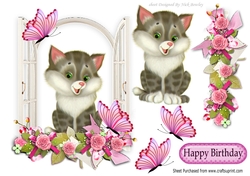 cute kitty in the window with flowers and butterflies
