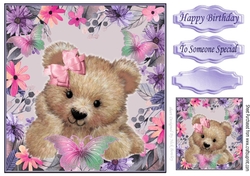 Lovely smile fuzzy bear in flower frame with butterflies 8x8