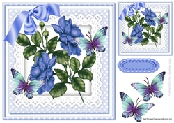 blue roses on lace with bow and butterflies 8x8