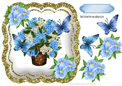 Pretty blue Hydrangeas in a vase with pretty blue butterflies