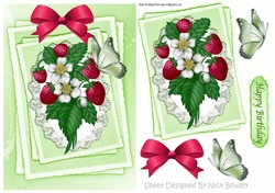 Strawberries and white flowers on lace stackers with butterflies
