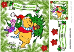 bear in santa hat with piglet carrying christmas tree 8x8