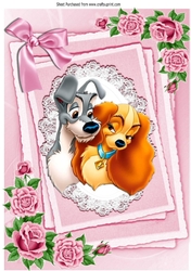 cute dogs on lace with pink roses & bow A4