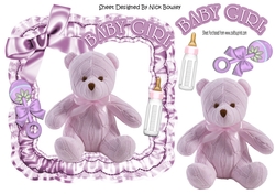 Lovely knitted lilac bear with bottle in frill frame 8x8