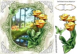Pretty woodland with brook , yellow tulips & butterflies 8x8