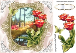 Pretty woodland with brook , red tulips & butterflies 8x8