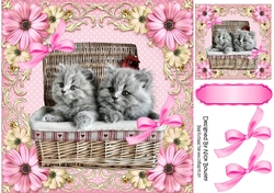 Cute Kittens in a basket in pink floral frame with bows 8x8