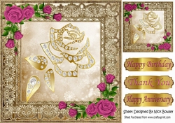 Pretty Decorative Gold Rose with diamonds, and pink roses 8x8
