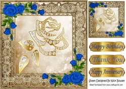Pretty Decorative Gold Rose with diamonds, and blue roses 8x8