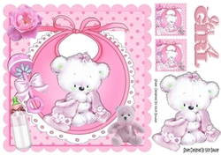 cute teddy with her pink blanket, bottle on bib in frame 8x8