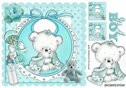 Cuddly teddy with his turq blanket, bottle on bib, in frame 8x8