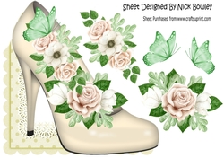 Cream shoe with painted roses over the edge  with butterflies