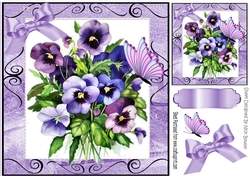 Pretty shades of lilac and purple pansies with butterfly 8x8