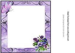 Pretty shades of lilac and purple pansies with butterfly 8x8 insert