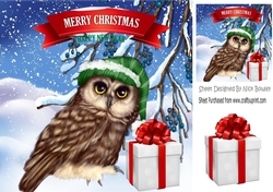 Lovely Owl in wooly hat in snow scene 8x8
