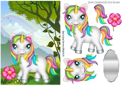 Gorgeous little rainbow unicorn in the meadow with rainbow