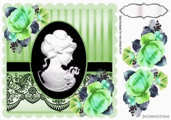 pretty black cameo with green shades of roses  & black lace 8x8