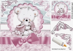 teddy cuddles with pink bow on lace & fur 8x8