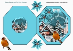 christmas snow scene with robin & turq poinsettias