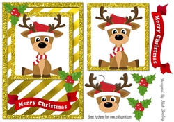 Cute reindeer in gold stripe glitter frame card front with holly